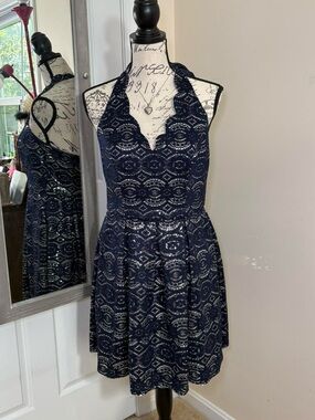 B Darlin Navy Blue Sequined Halter Mini Dress